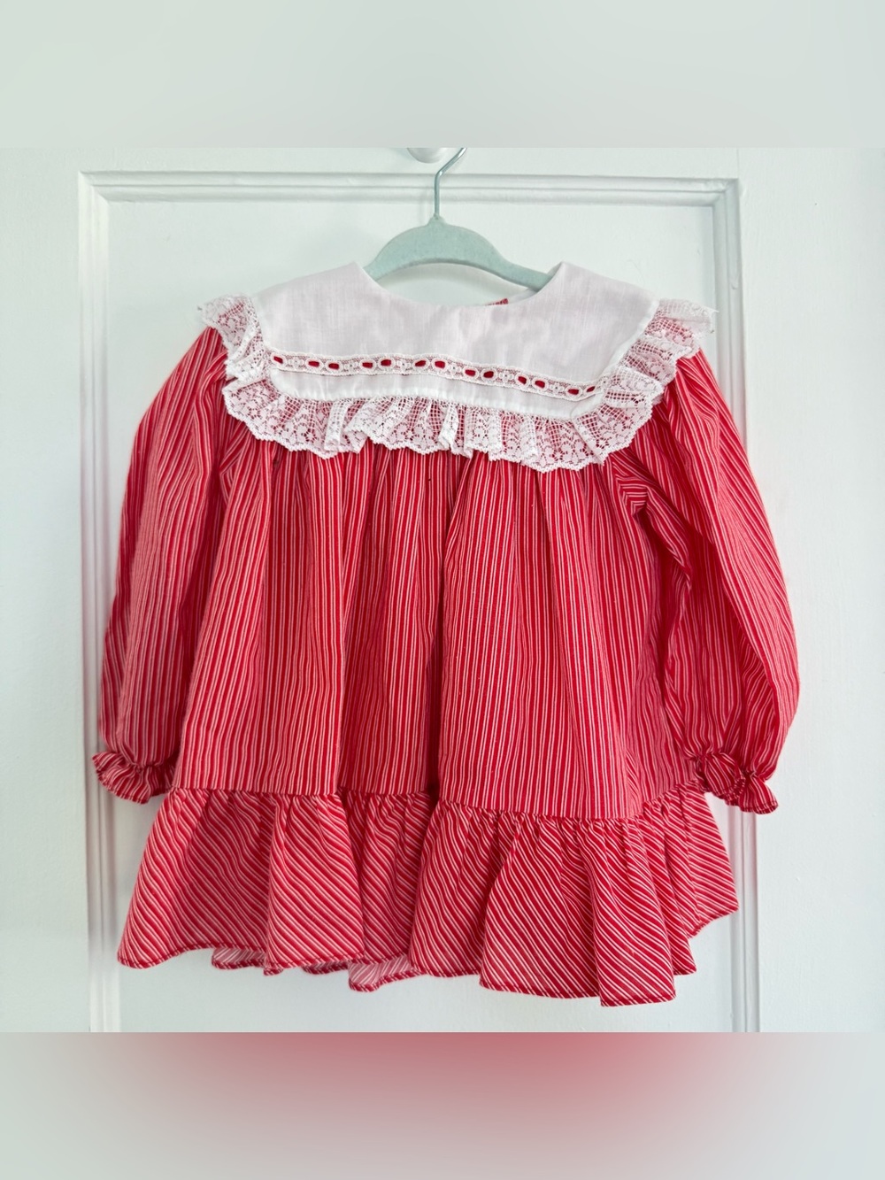 Vintage Peaches ’n Cream Girls Red White Stripe Lace Ruffle Peplum Blouse 24m